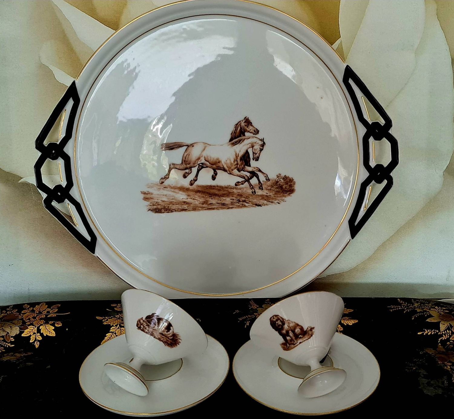 Antique Hand-Painted Porcelain Tray with Cups, Horse, Rabbit &amp; Dog Design