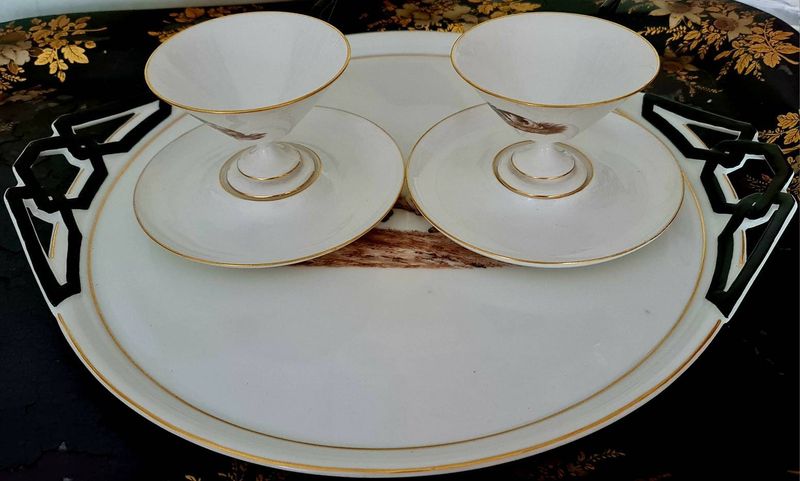Antique Hand-Painted Porcelain Tray with Cups, Horse, Rabbit &amp; Dog Design