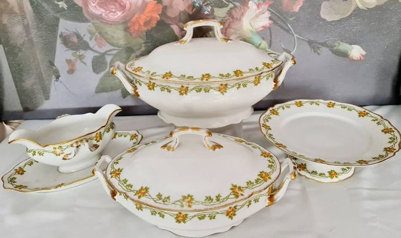 Antique Limoges Porcelain Serving Set, Two Tureens, Tazza &amp; Sauceboat