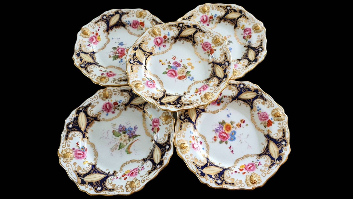 Antique Hammersley Floral Dessert Plates – Cobalt Blue &amp; Gold, Set of 5