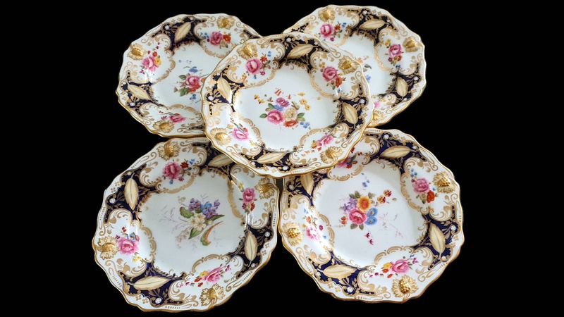 Antique Hammersley Floral Dessert Plates – Cobalt Blue &amp; Gold, Set of 5