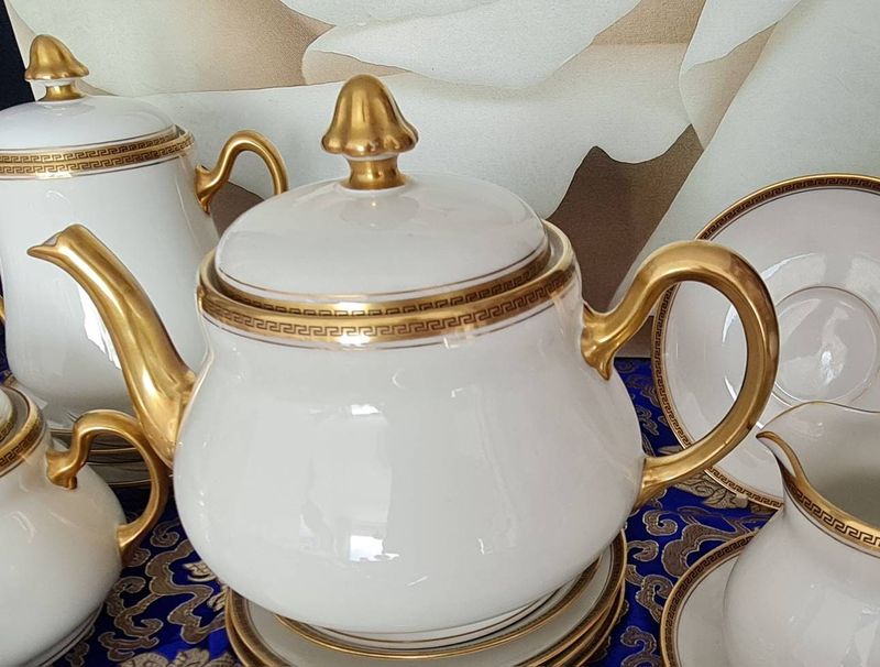 Antique Limoges Tea Set, Gold Greek Key, 34 Pieces