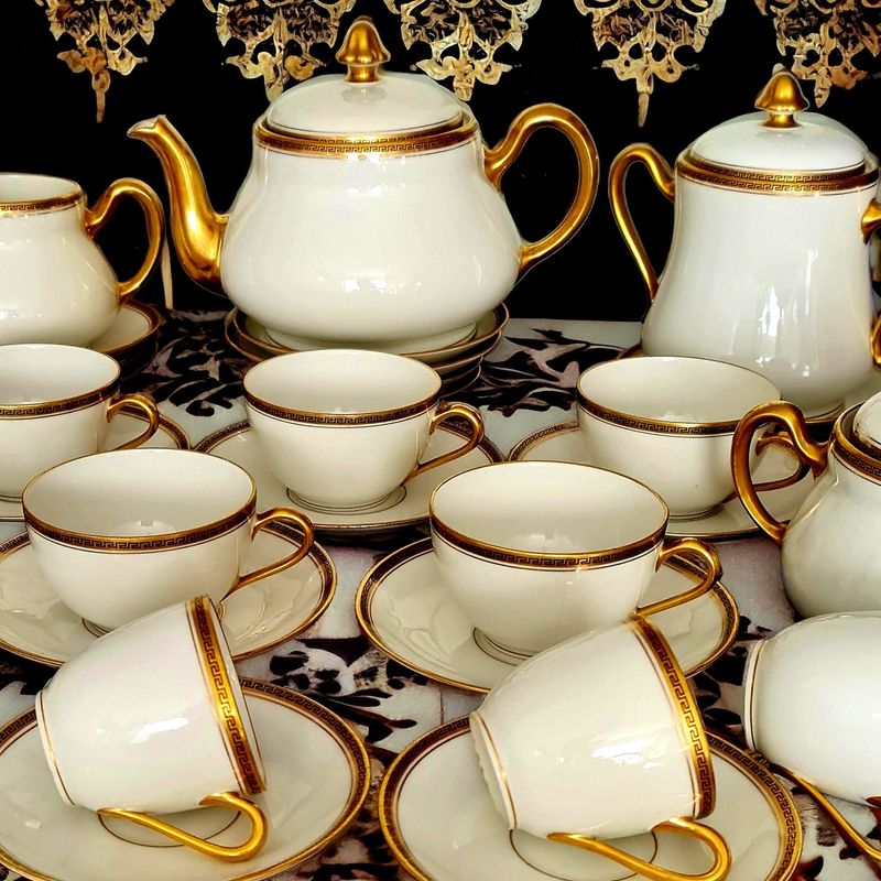 Antique Limoges Tea Set, Gold Greek Key, 34 Pieces