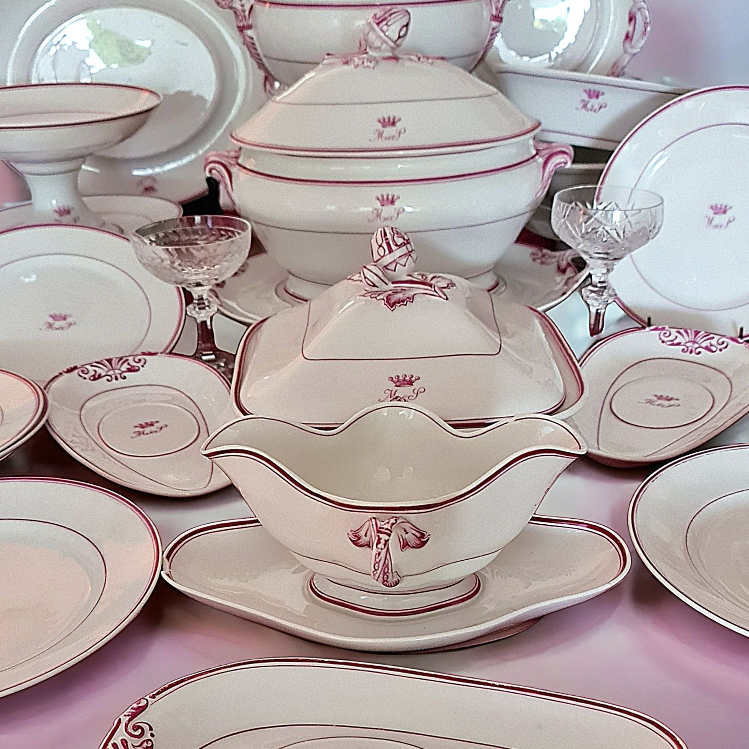Antique 19th Century French Porcelain Dinner Service, Pink Monogram, Paris Empire