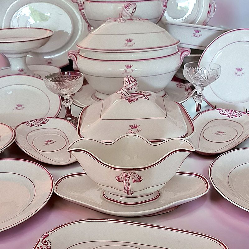 Antique 19th Century French Porcelain Dinner Service, Pink Monogram, Paris Empire