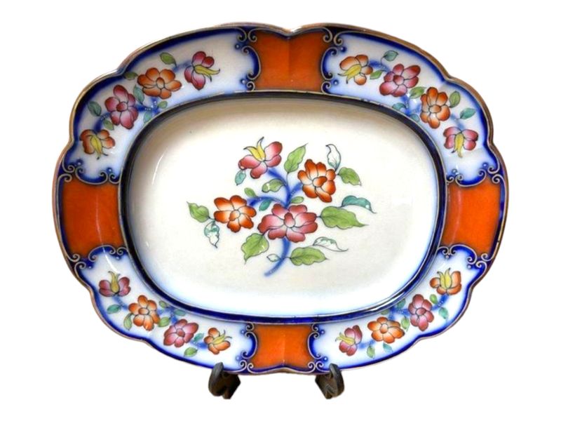 Antique 19th Century J. Ridgway Flow Blue Imari Plates and Platter, Set of 5