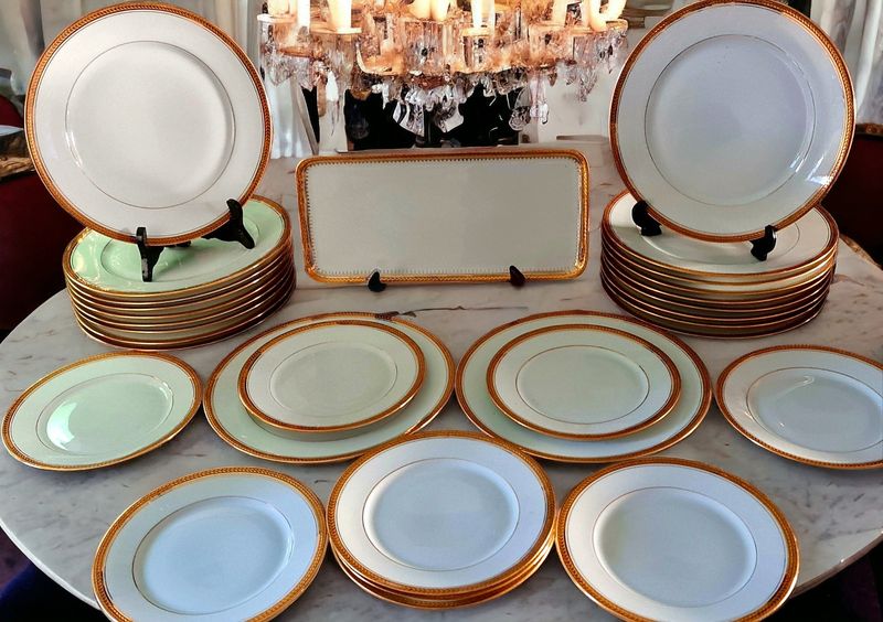 Limoges French Porcelain Dinnerware Set, Gold Palmette Rim, 24 Pieces