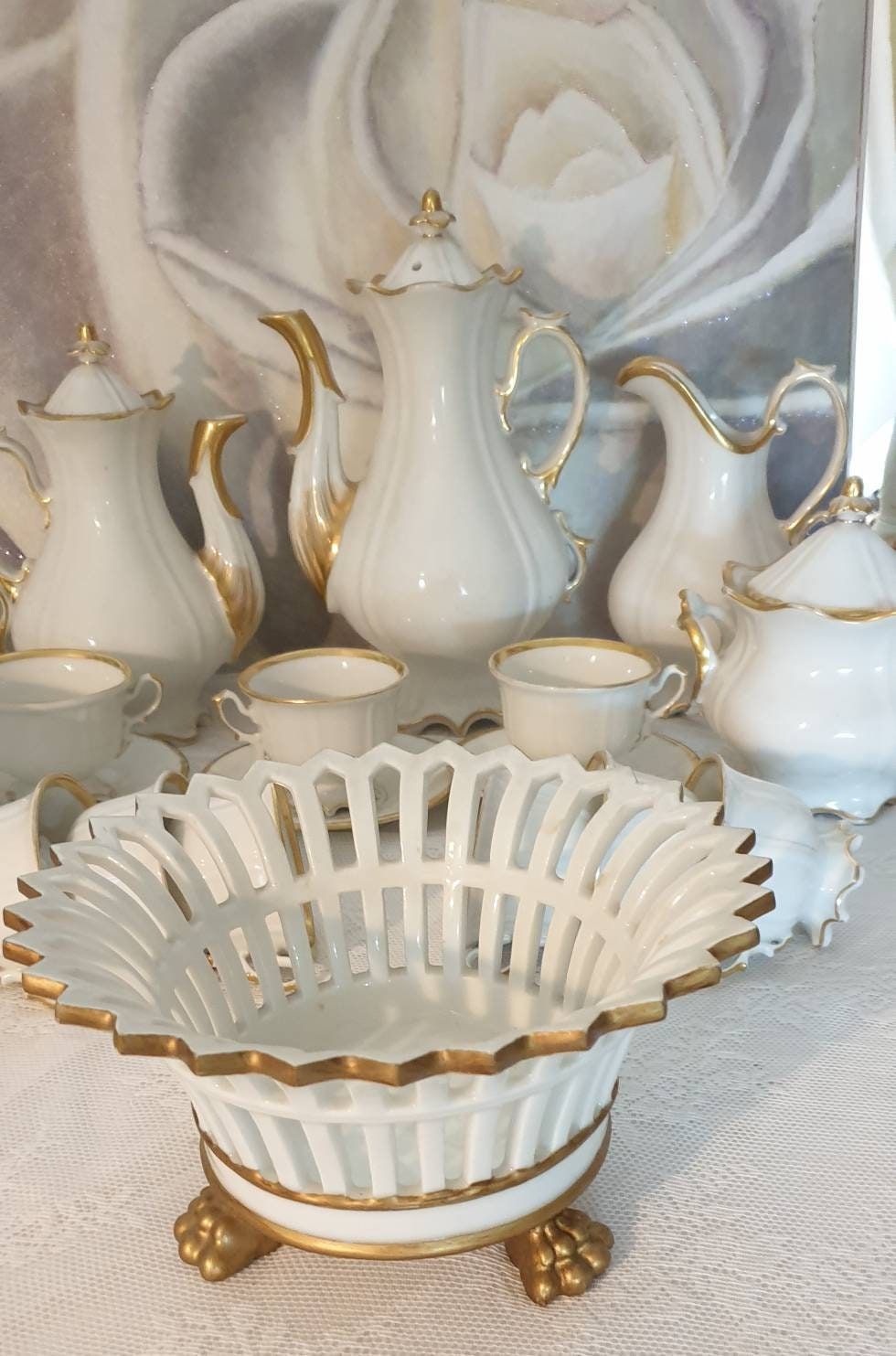 Antique Vieux Paris Swan Tea Set, Hand-Painted Gold, 19th Century