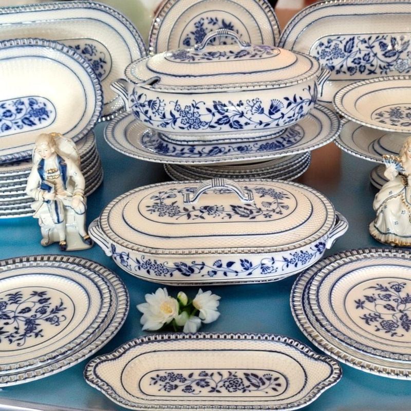 Antique Waechtersbach Blue Onion Transferware Dinner Service, 19th Century German Porcelain