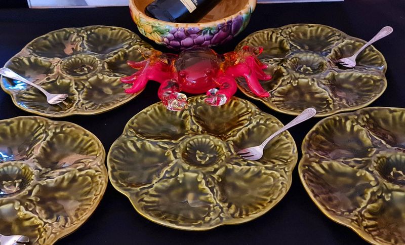 French Barbotine Majolica Oyster Plates with Sarreguemines Basket &amp; Forks