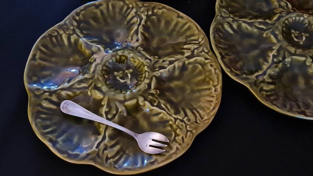 French Barbotine Majolica Oyster Plates with Sarreguemines Basket &amp; Forks