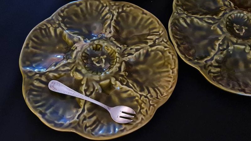 French Barbotine Majolica Oyster Plates with Sarreguemines Basket &amp; Forks