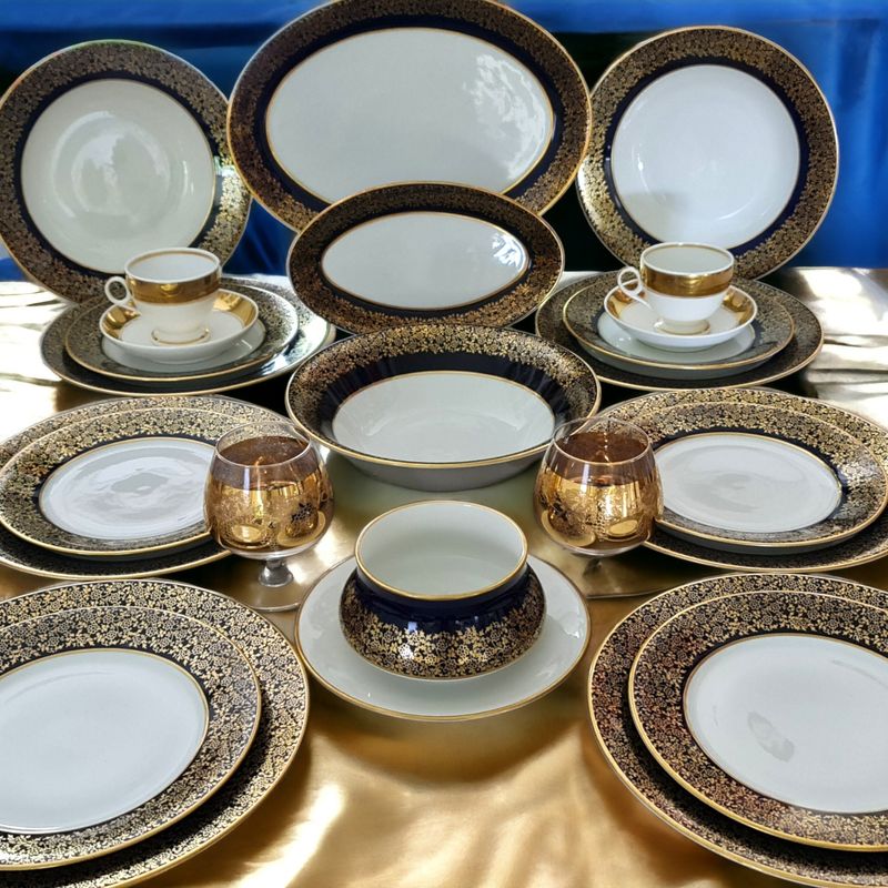 Weimar German Porcelain Dinner Set for 6, "Harmonie" Blue &amp; Gold