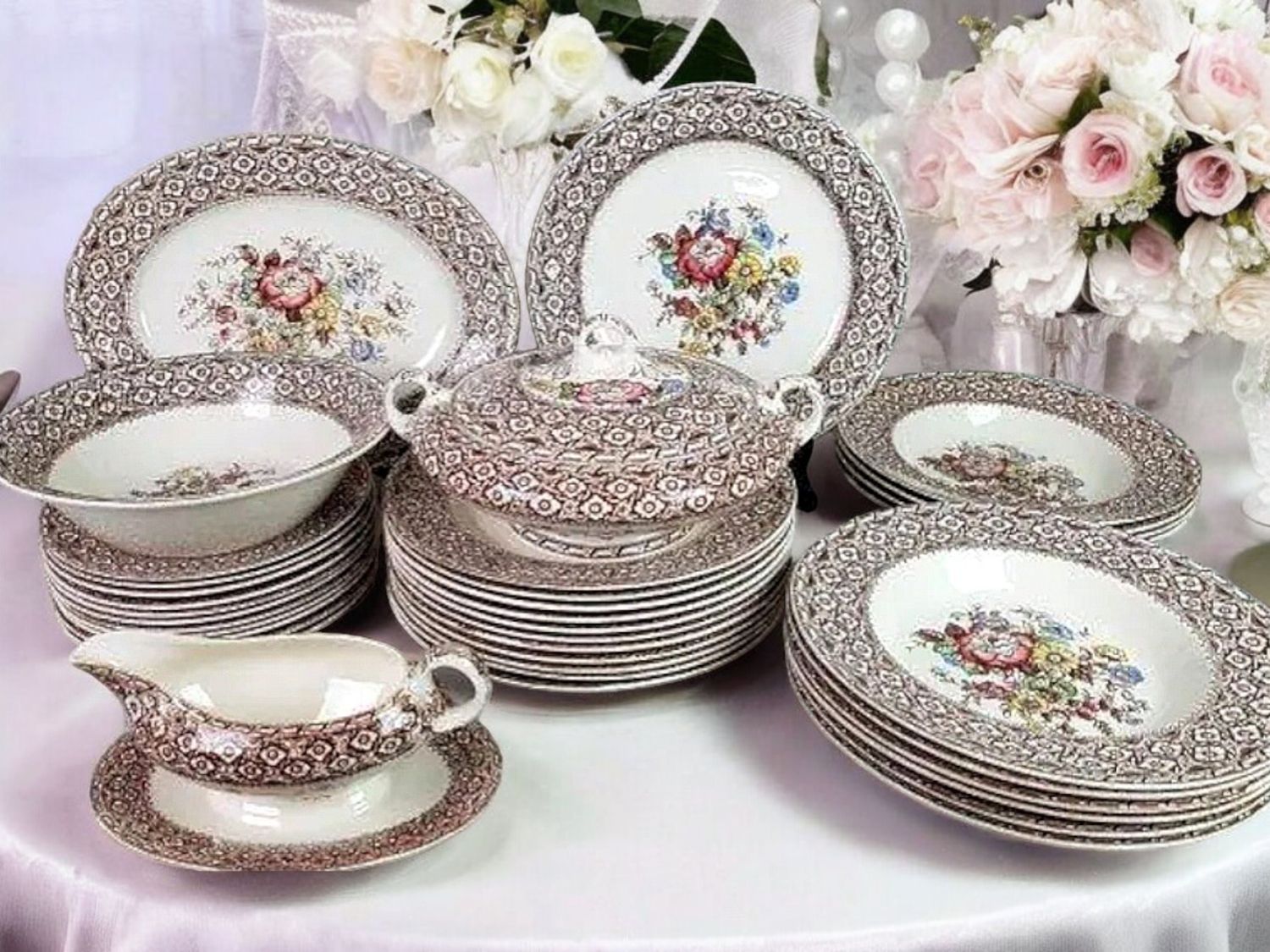 Antique English Transferware Dinner Set, Floral Pattern, Hanley Pottery