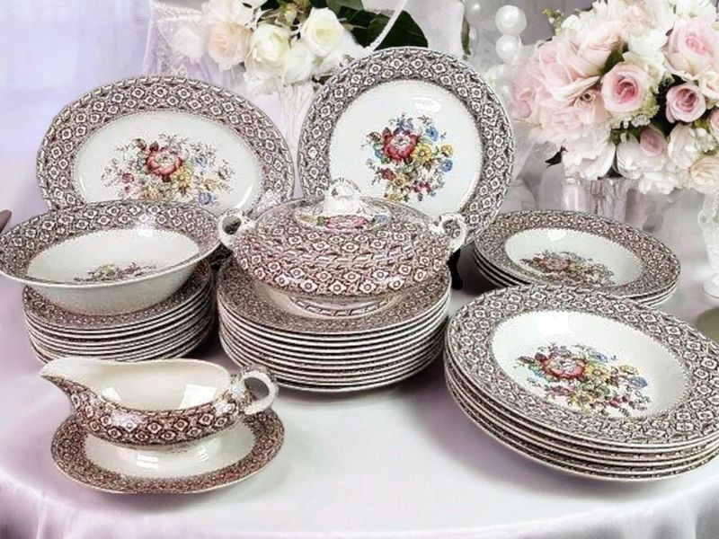 Antique English Transferware Dinner Set, Floral Pattern, Hanley Pottery