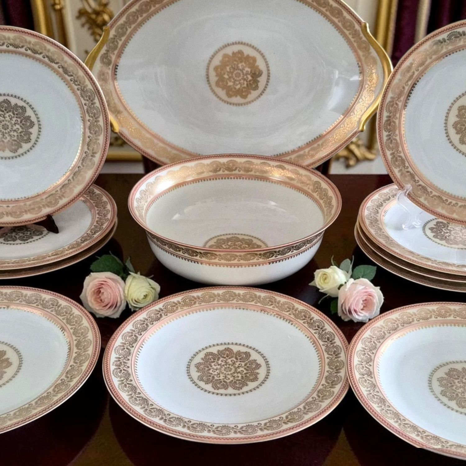 Limoges Raynaud Elysée dinner set from France for 12 with gold trim and medallion