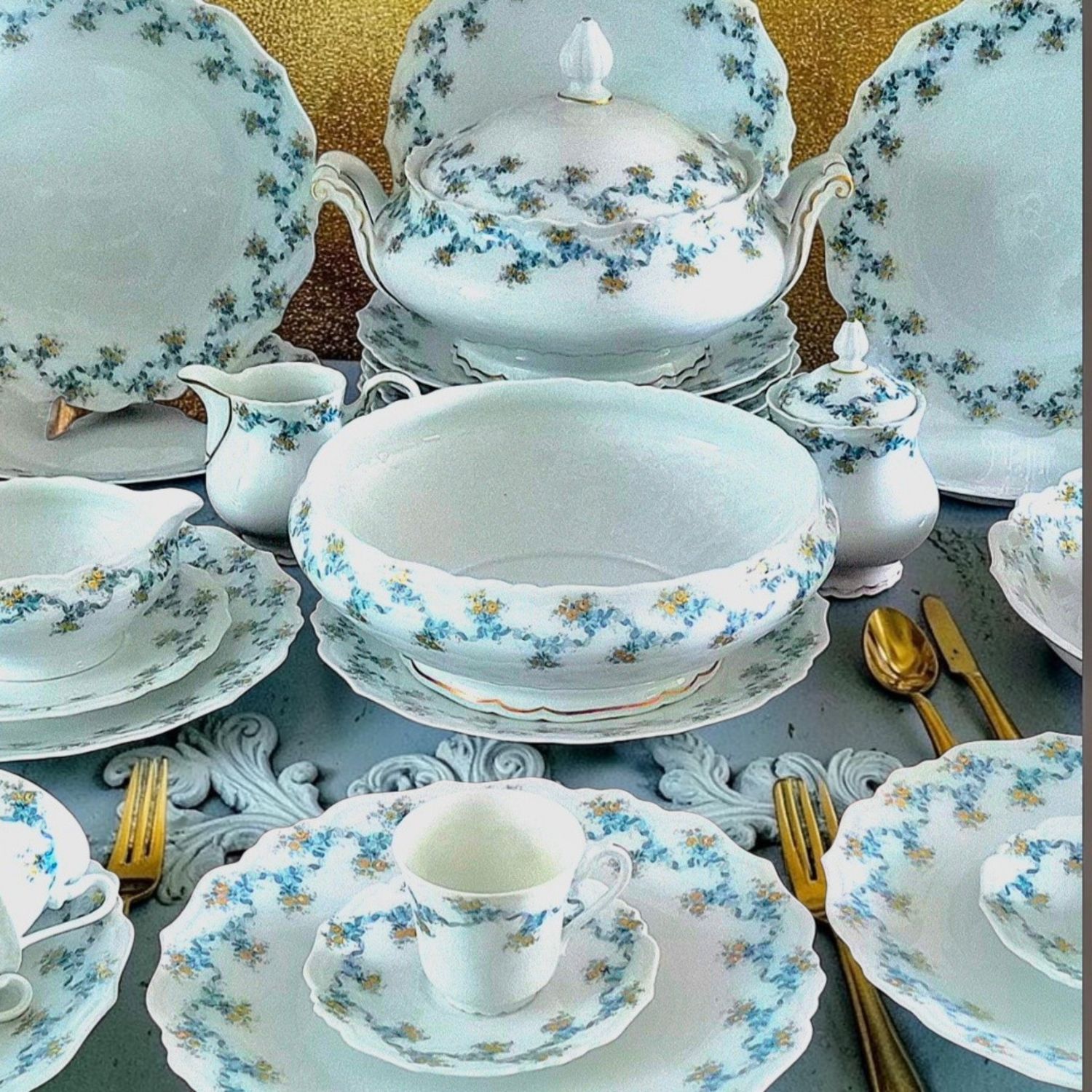 French Jammet Seignolles Limoges Dinner Set,  white Porcelain with Blue Garland and Gold Roses