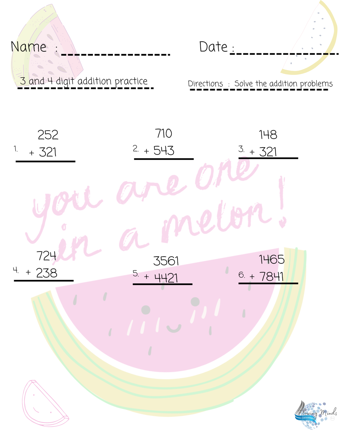 Addition practice worksheet with positive affirmation 