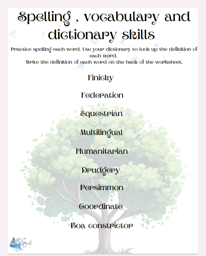 Spelling, vocabulary and dictionary skills worksheet