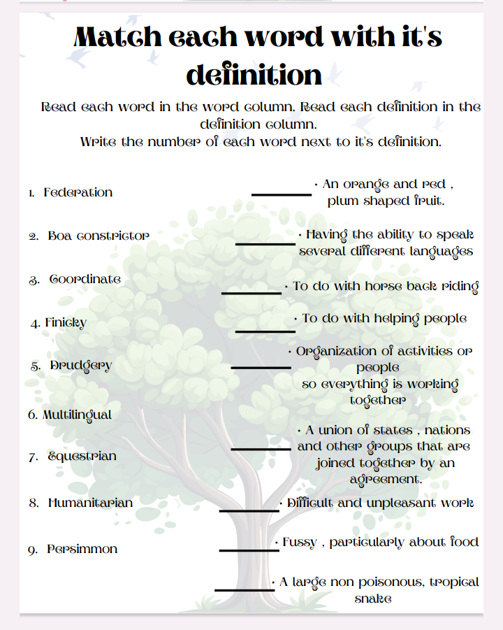 Spelling, vocabulary and dictionary skills worksheet
