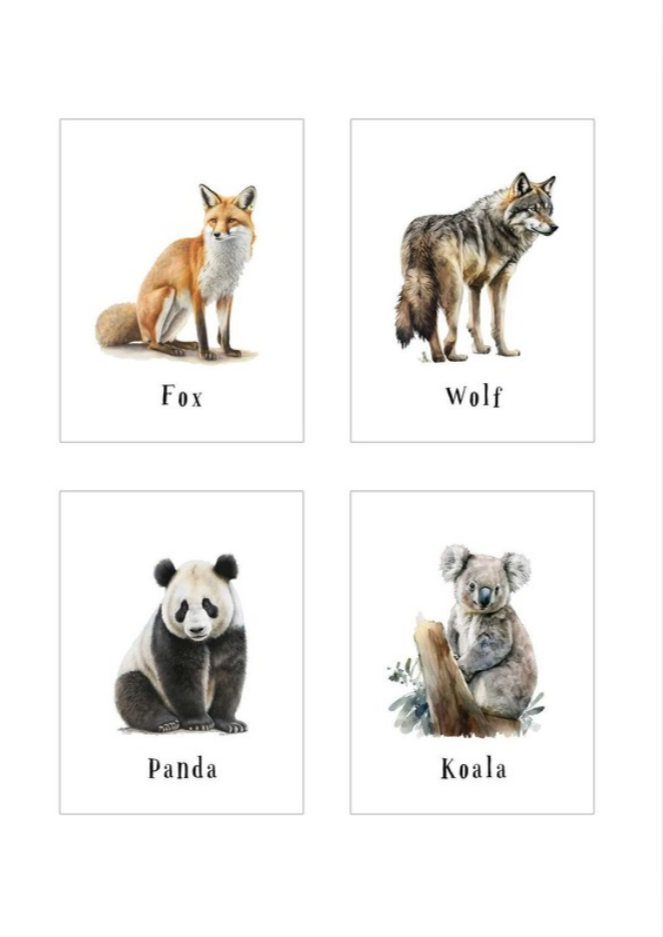 Wild animals flash cards or matching game set