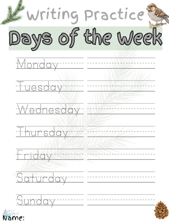 Days of the week handwriting practice worksheet