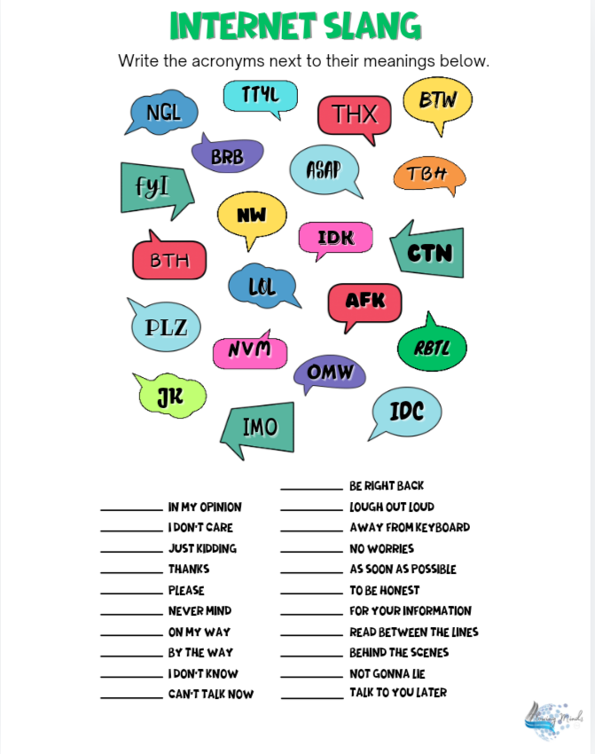 Internet Slang acronym worksheet
