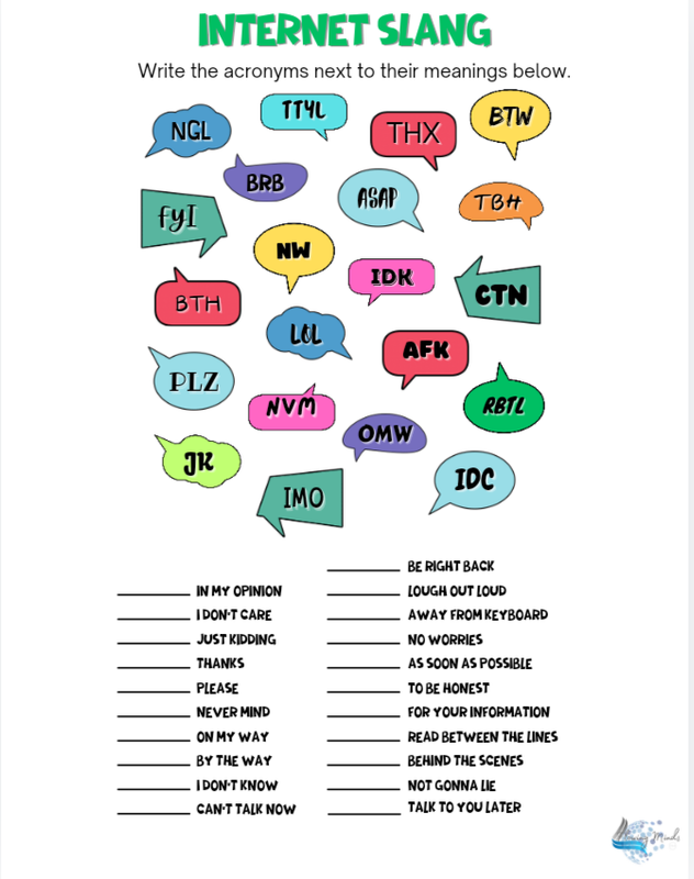 Internet Slang acronym worksheet