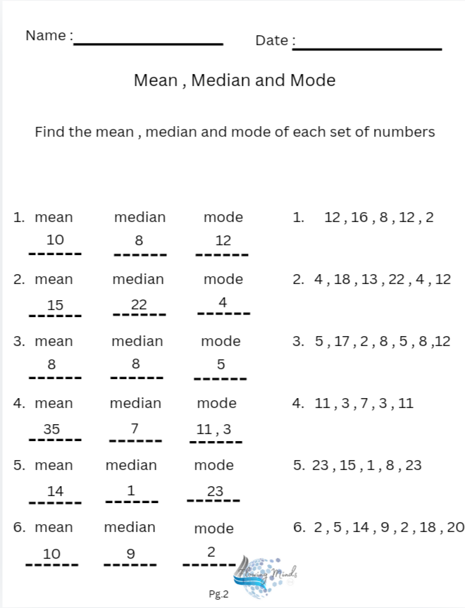 Averages : Mean , Median and Mode worksheet with answer key