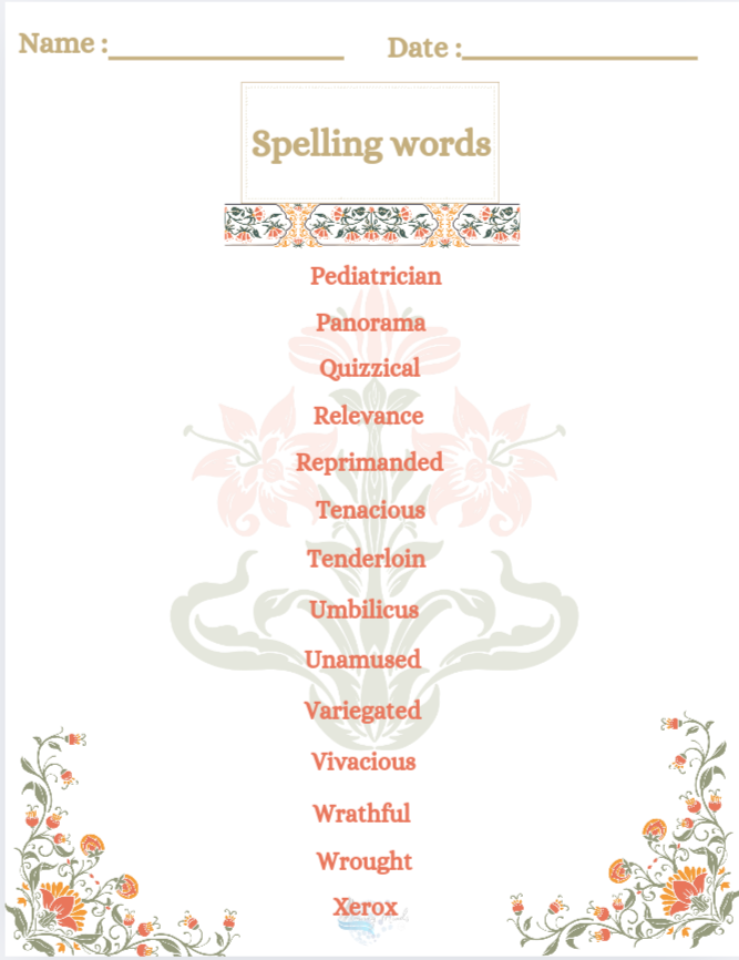 Spelling words List A -X