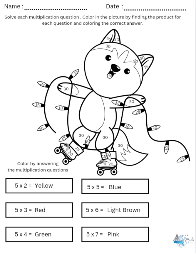  Fox Color by answer multiplication coloring page 