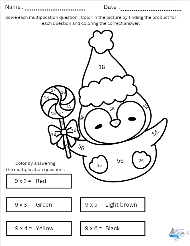 Penguin Color by answer multiplication coloring page