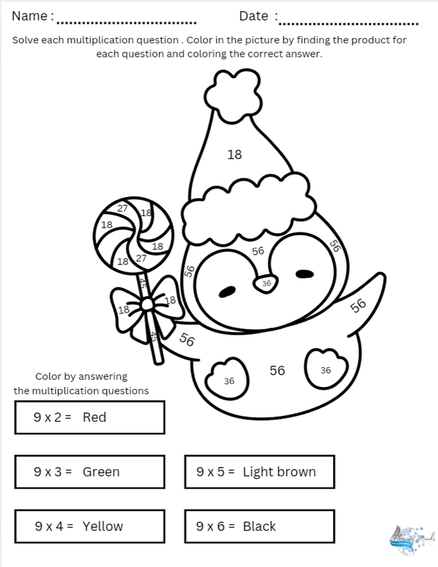 Penguin Color by answer multiplication coloring page
