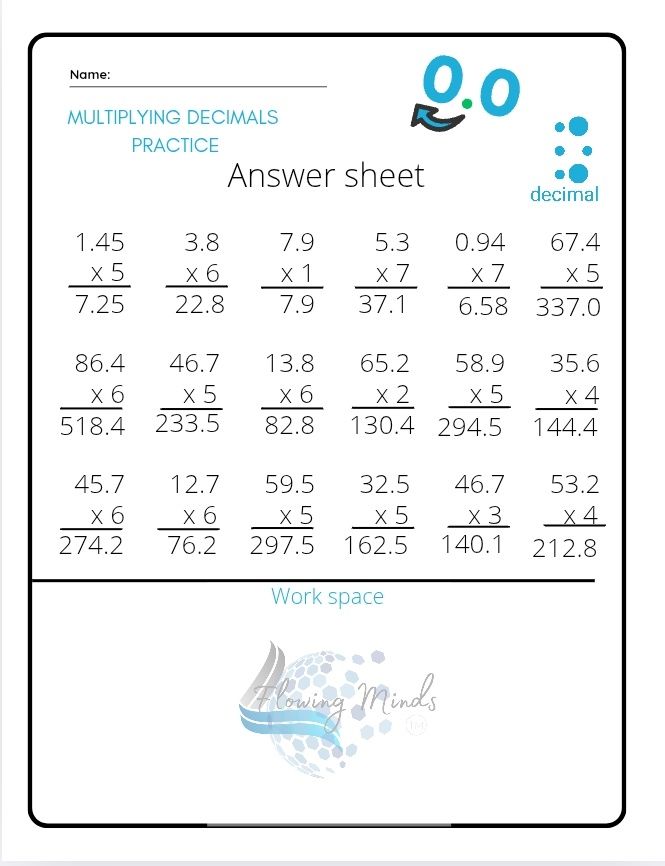 Multiplying Decimals practice worksheet with answers 