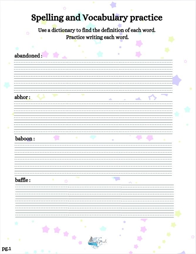 Spelling and vocabulary practice worksheet