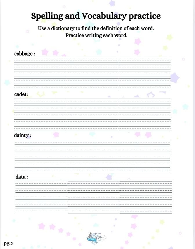 Spelling and vocabulary practice worksheet