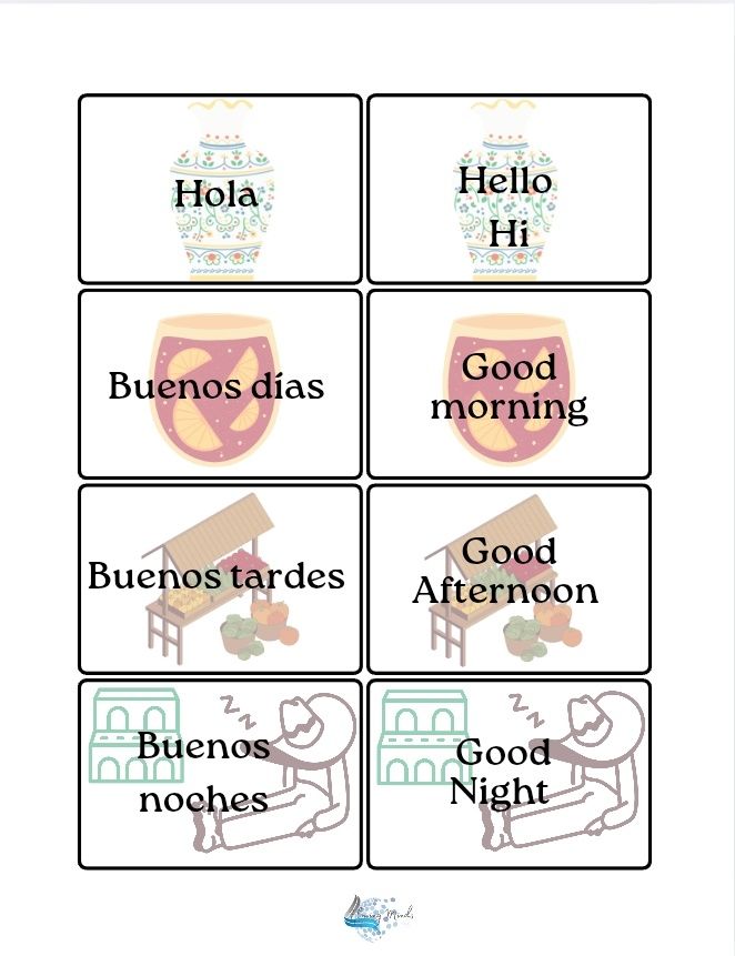 Spanish basic greetings and introductions matching card game