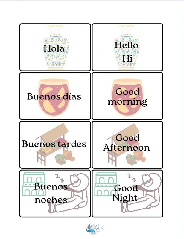 Spanish basic greetings and introductions matching card game