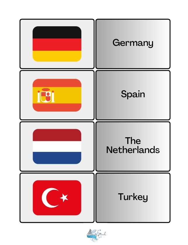 Country and flag matching card game set 
