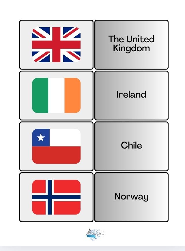 Country and flag matching card game set 