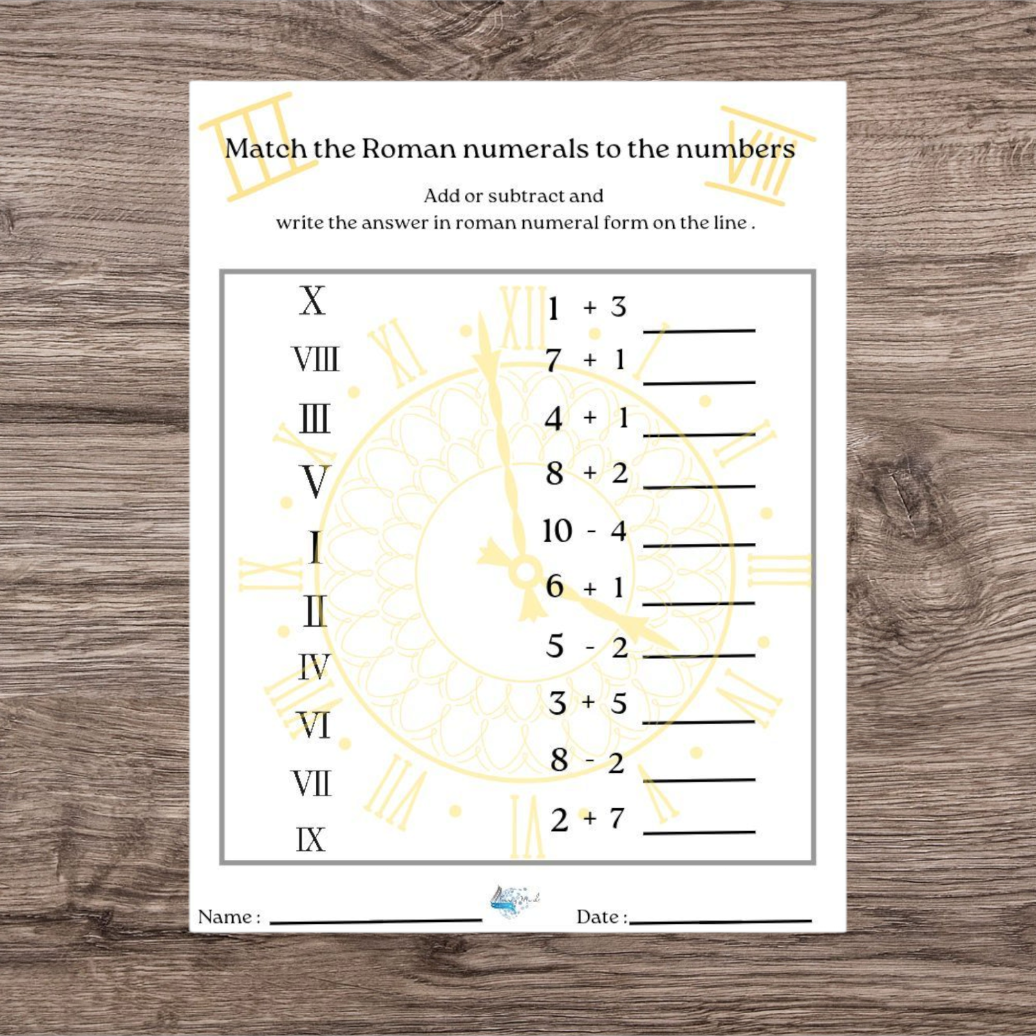 Roman numerals matching worksheet