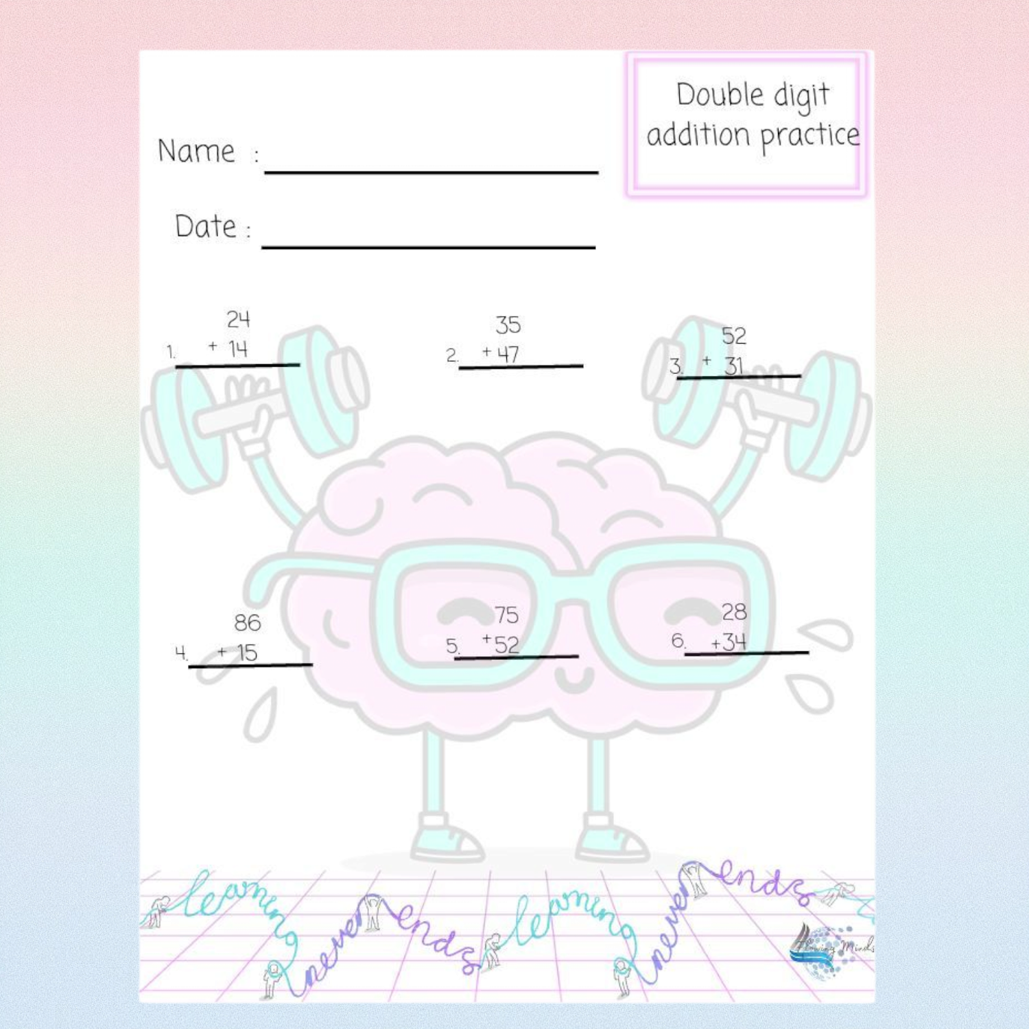 Double digit addition practice worksheet