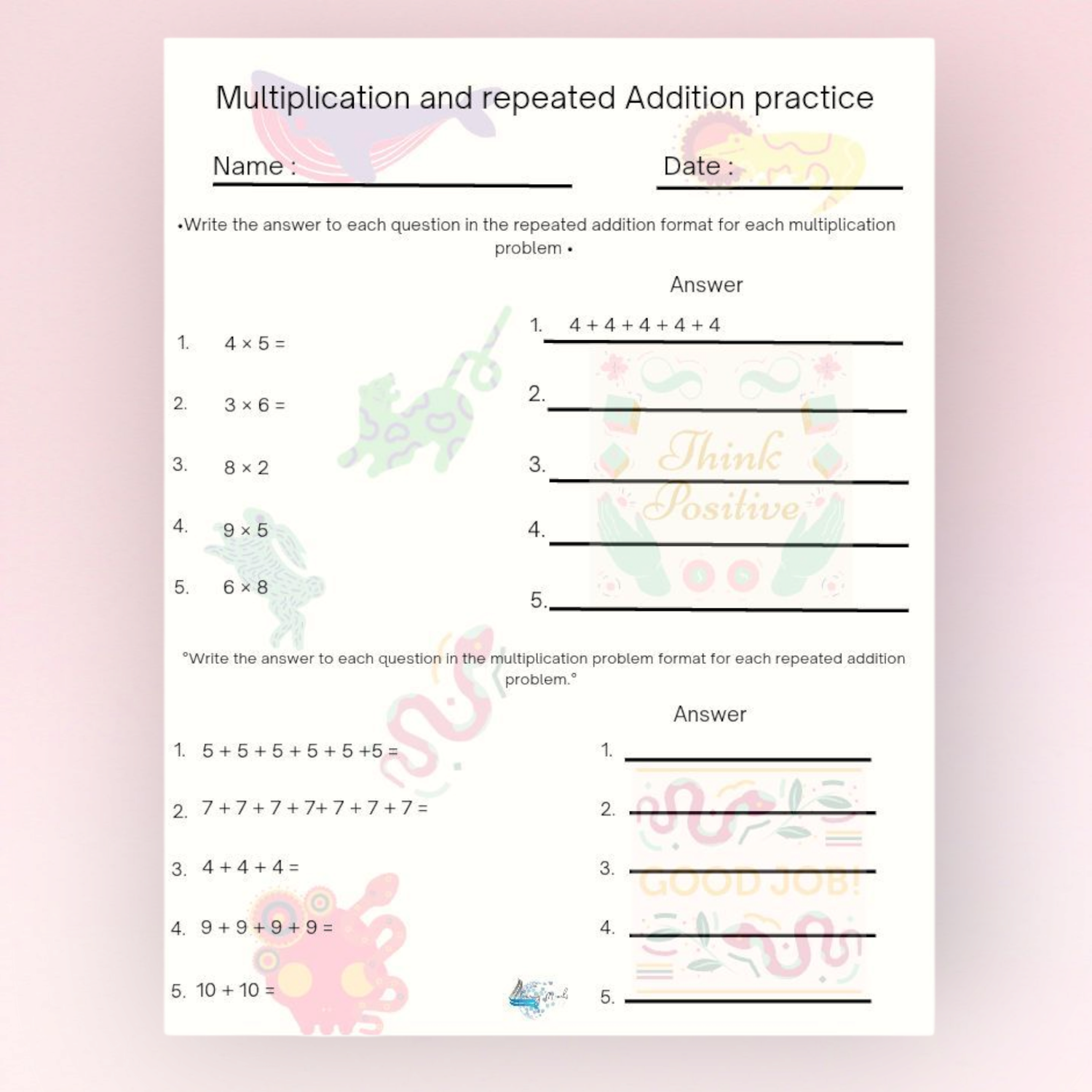 Multiplication and repeated addition practice worksheet 