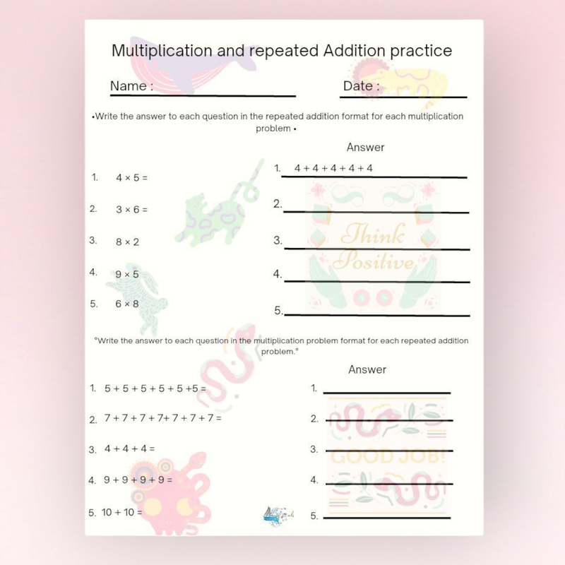 Multiplication and repeated addition practice worksheet 