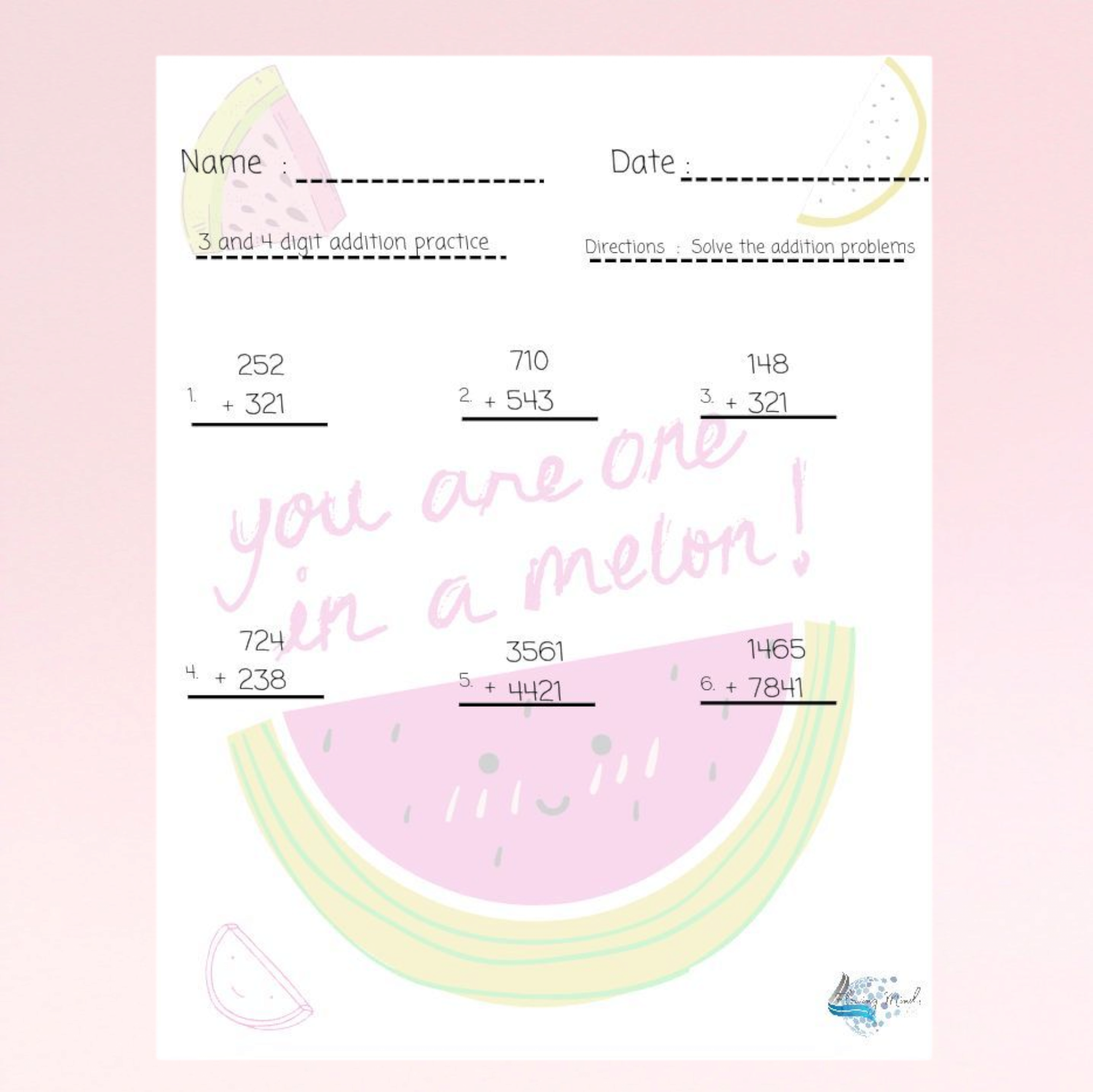 Addition practice worksheet with positive affirmation 