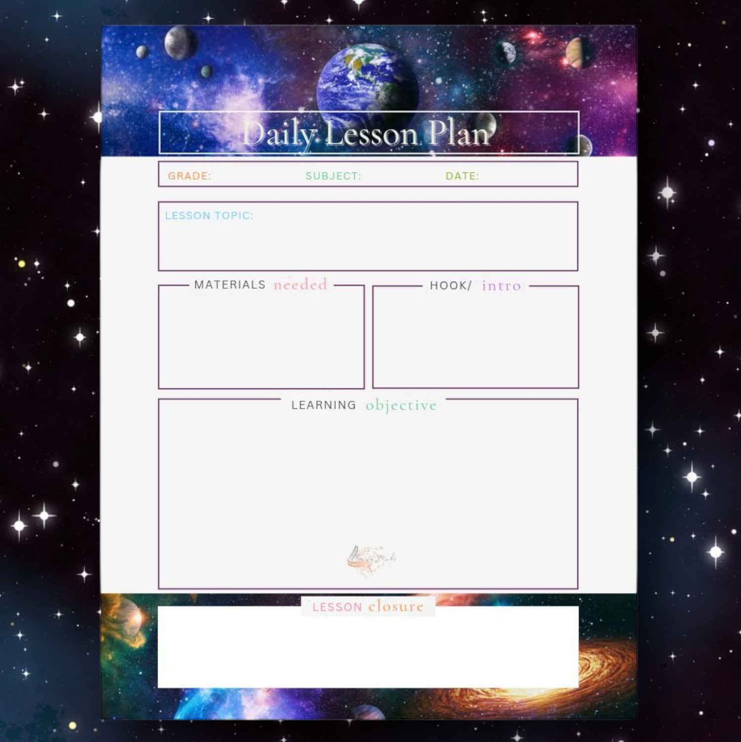 Space themed daily lesson planner