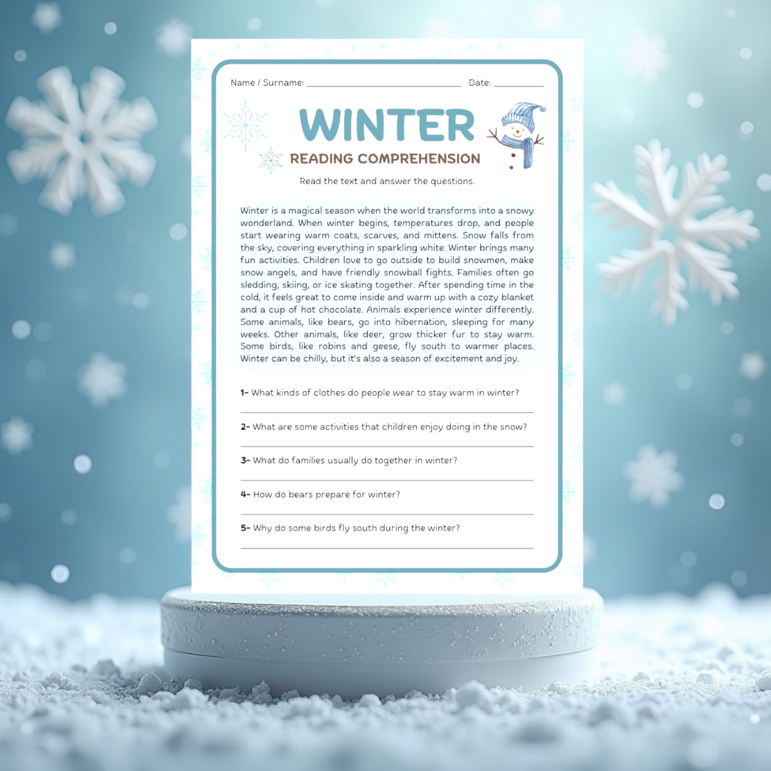Winter reading comprehension activity