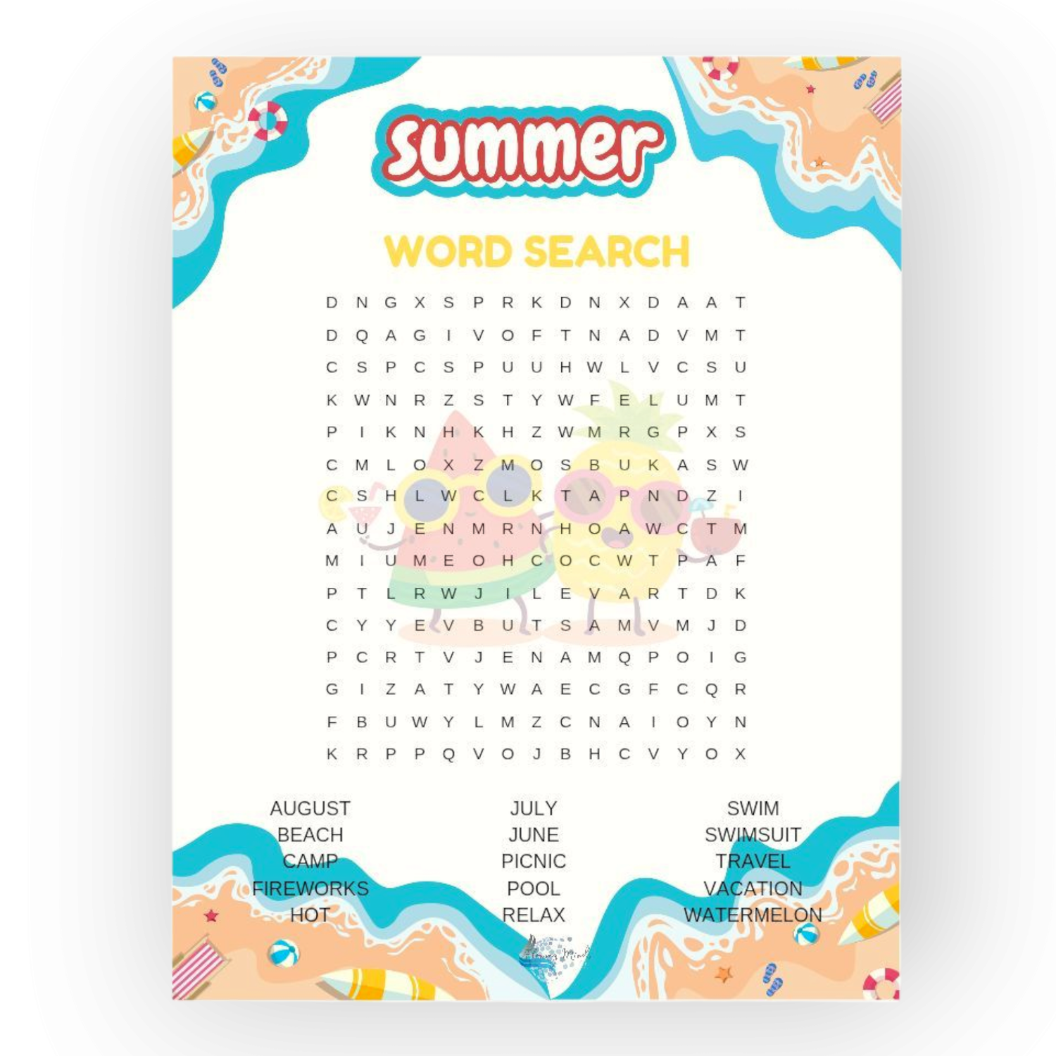 Summer word search puzzle