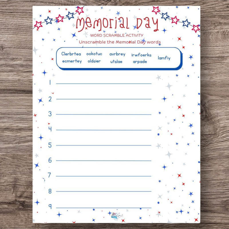 Memorial Day word scramble activity