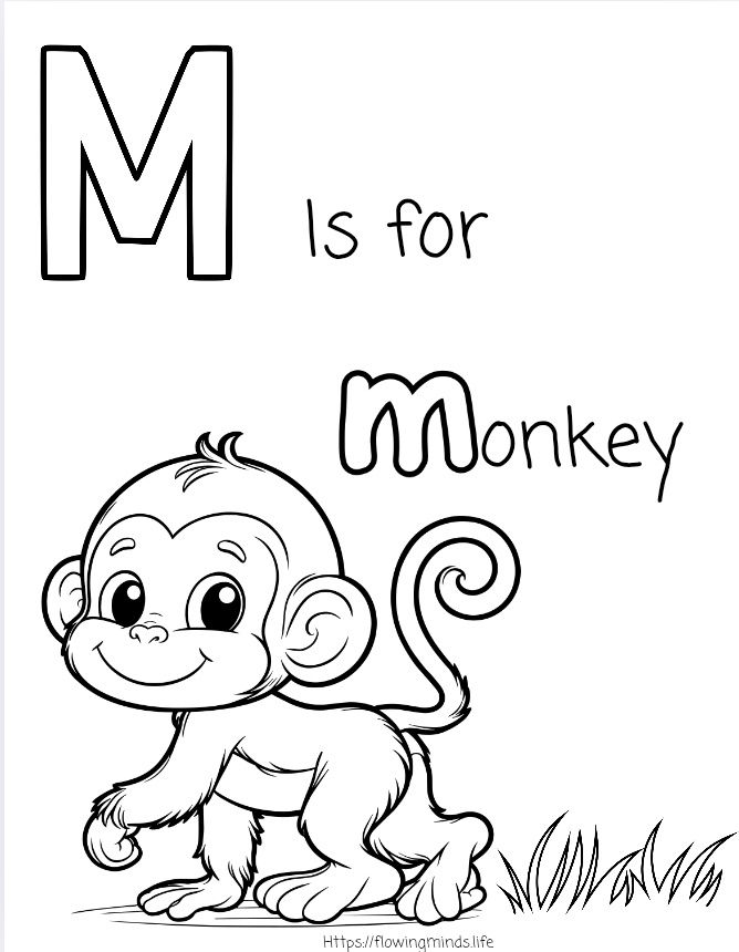 M is for Monkey coloring page